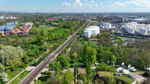 Refinery and railroad track at River Rhine - aerial view