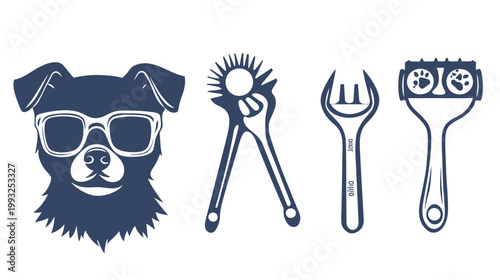Stylized graphic featuring a dog with sunglasses alongside various tools in a monotone design