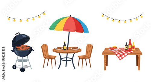 Backyard barbecue scene featuring a grill with sausages, outdoor dining table with an umbrella, and a wooden picnic bench for summer fun.