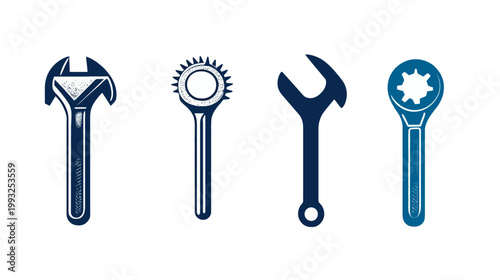 Four stylized wrenches, each a different shape and design, in shades of blue on white background