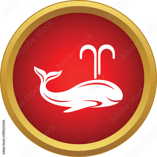 White whale spouting water from blowhole inside a red and gold circle