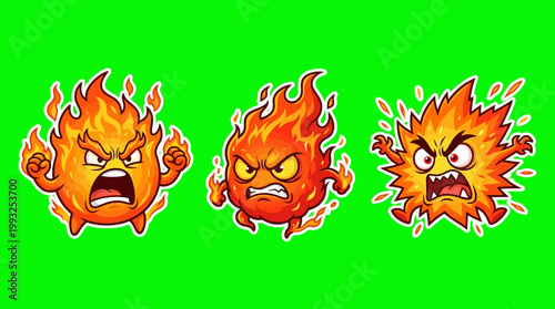 Cartoon Flames with Angry Expressions on Green Background.