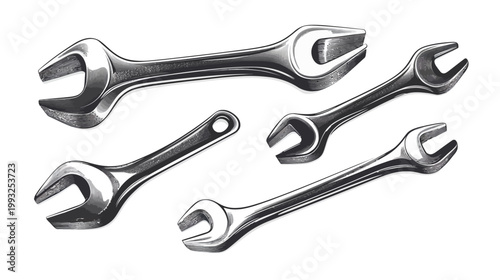 Black and white illustration depicting several wrenches arranged on a white background