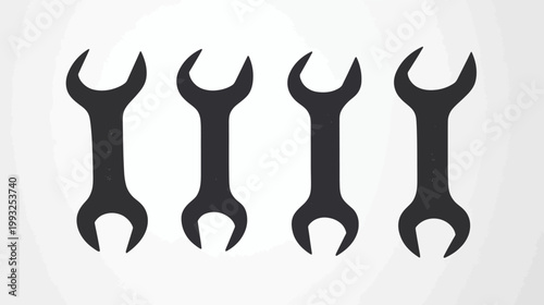 A symmetrical composition featuring four dark gray wrench silhouettes against a gradient white backdrop