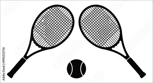 Two tennis rackets and a ball depicted in a black and white illustration