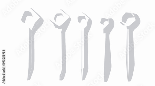Stylized illustration of five gray tools set against a stark white backdrop. Abstract design, minimalist aesthetic