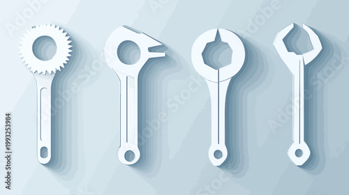 Four stylized, white mechanical tools with shadows, set against a layered blue-grey background