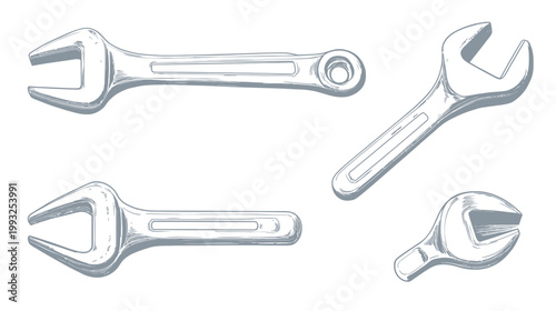 Monochrome illustration of four distinct adjustable wrenches, tools for various mechanical and industrial uses