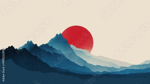 Minimalist illustration of Japanese landscape. Deep blue mountain layers, prominent crimson sun disk. Clear cream background