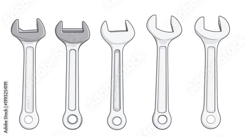 Five illustrated open-end wrenches, each with a different shade of gray and with a white background