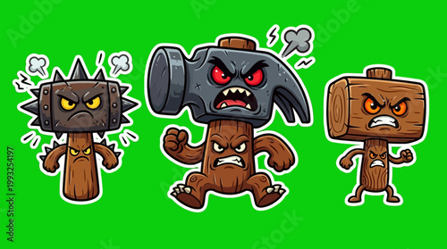 Cartoon Hammer, Mallet, and Club Characters with Angry Expressions.