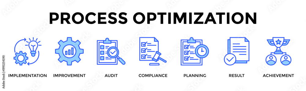 Fototapeta premium Process Optimization Banner Web Icon Set Collection Pack Vector Illustration Concept Containing Improve Efficiency By Optimizing Processes And Ensuring Compliance