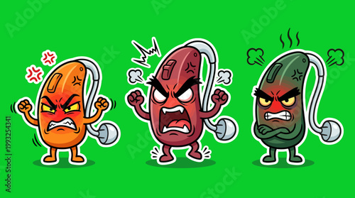 Cartoon Hearing Aids Displaying Anger and Frustration on Green Background.