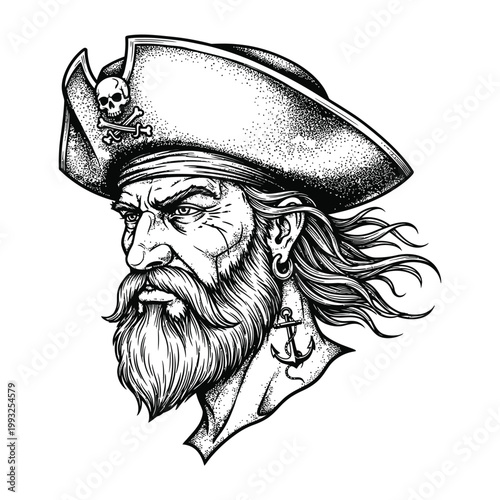 Pirate captain head profile, stern man with beard and hat, skull and crossbones emblem, nautical adventure character illustration.