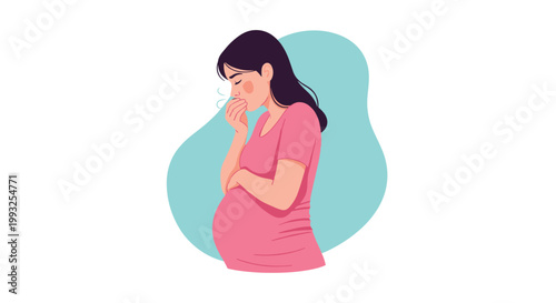 Pregnant woman in a pink shirt feeling unwell and coughing or suffering from nausea while standing alone against a blue background.