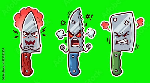 Cartoon Knives Expressing Anger and Frustration on Green Background.
