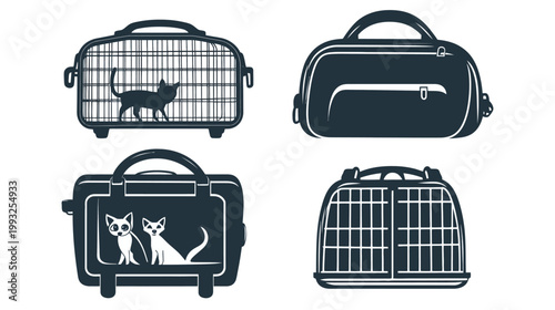 Collection of various carrier designs for cats, including cages and enclosed travel bags