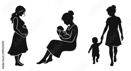 Silhouettes of motherhood pregnancy new mother and toddler stages depicted