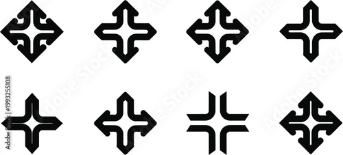 Eight black geometric arrowhead like symbols on white