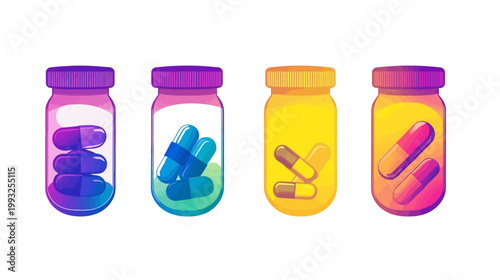 Four colorful, stylized medicine bottles each containing pills, various colors, gradients, and playful design