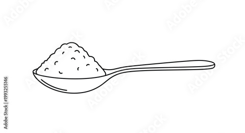 Simple line drawing of a teaspoon filled with a mound of powder or sugar isolated on a plain white background.