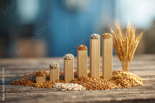 Barley grains with wooden columns and wheat ears representing barley price increase, commodity growth, cereal market trend and agricultural finance concept.