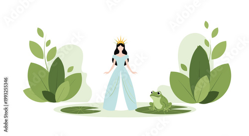 Fantasy illustration of a beautiful princess standing on a lily pad next to a small green frog in a quiet pond.