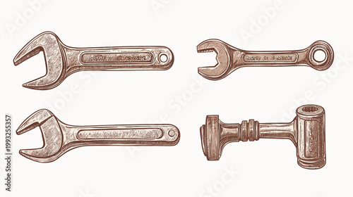 Illustration of several tools including wrenches and a hammer, with sepia-tone shades