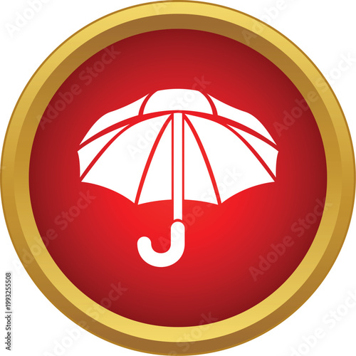 Umbrella icon representing protection from rain and bad weather inside red circle button