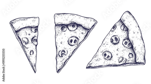 Line drawing of three pizza slices with toppings, in grayscale, on white background