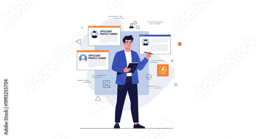 Recruiter reviews applicant profiles on computer screens, hiring process concept