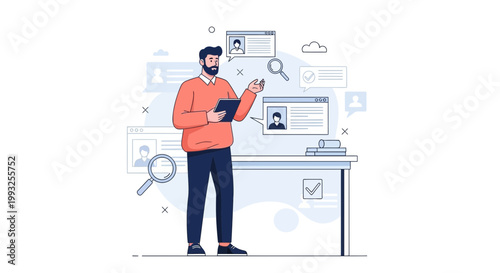 Recruitment concept: man reviewing resumes on computer screens, hiring process