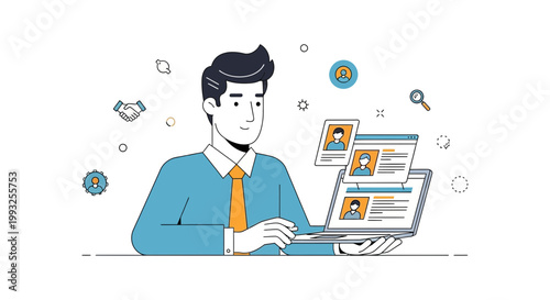 Recruitment concept: Man using laptop for hiring, job search, candidate selection