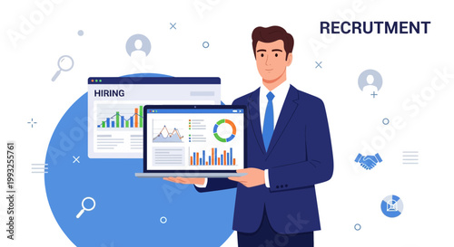 Recruitment concept: Man with laptop showing hiring analytics and charts