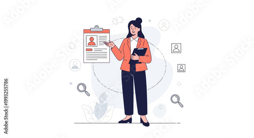 Recruitment concept: Woman presenting candidate profile with magnifying glass and search icons