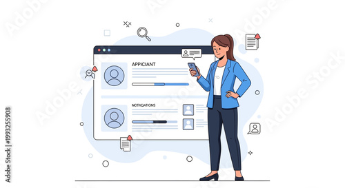 Recruitment process: woman using smartphone near applicant tracking system interface