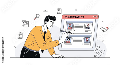 Recruitment process, HR manager selects candidate from online profiles on computer screen