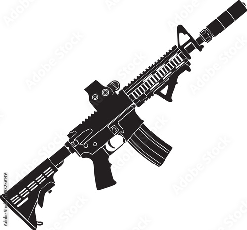 Tactical M4 Carbine Silhouette with Suppressor and Holographic Sight - Modern AR-15 Assault Rifle Vector