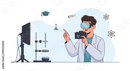 Student in VR headset explores STEM lab with camera, virtual reality education