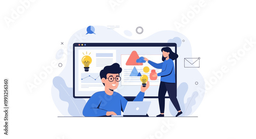 Teamwork and creativity: people working on a digital project with ideas and data