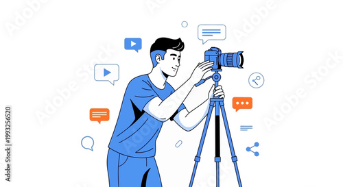 Videographer filming with camera on tripod, surrounded by social media icons and speech bubbles