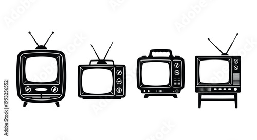 A collection of vintage television sets in a black and white illustration