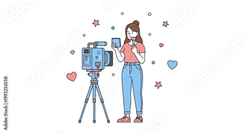 Vlogger filming with camera and smartphone, surrounded by hearts and stars
