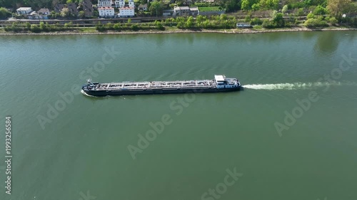 Industrial ship on River Rhine - aerial view