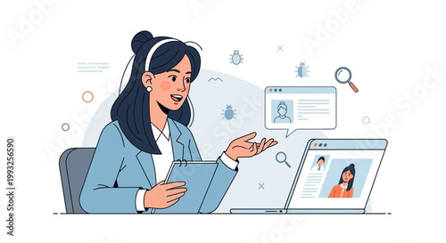 Woman analyzing bugs on laptop screen, software testing concept