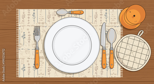 Top view of a simple table setting with a white plate cutlery and a patterned placemat on a rustic wooden table.