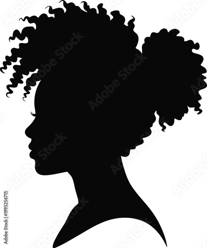This striking black silhouette shows the profile of a woman with voluminous curly hair styled in two buns
