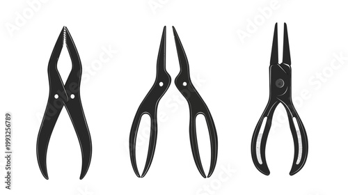 Three vector illustrations of black pliers, each with a distinct design, isolated on white background