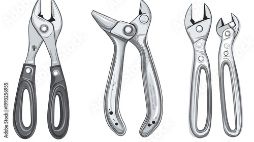 A collection of various hand tools, depicted with a monochromatic palette against a blank backdrop