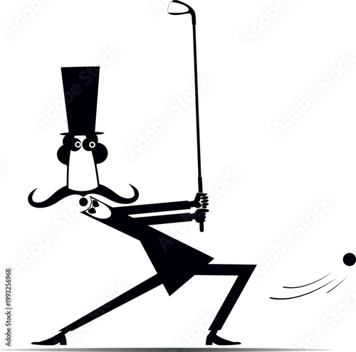 Long mustache man in the top hat aiming to do a good shot. Black and white illustration